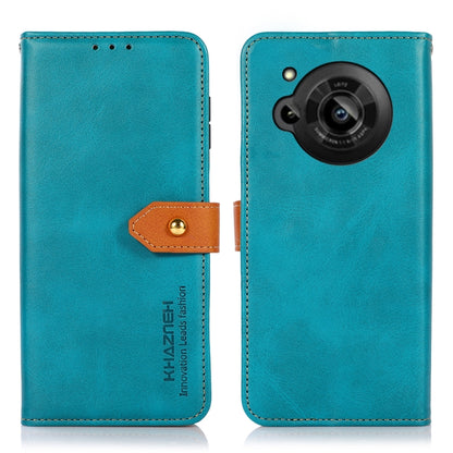 Teal cowhide-texture flip leather phone case with orange button strap and camera cutout