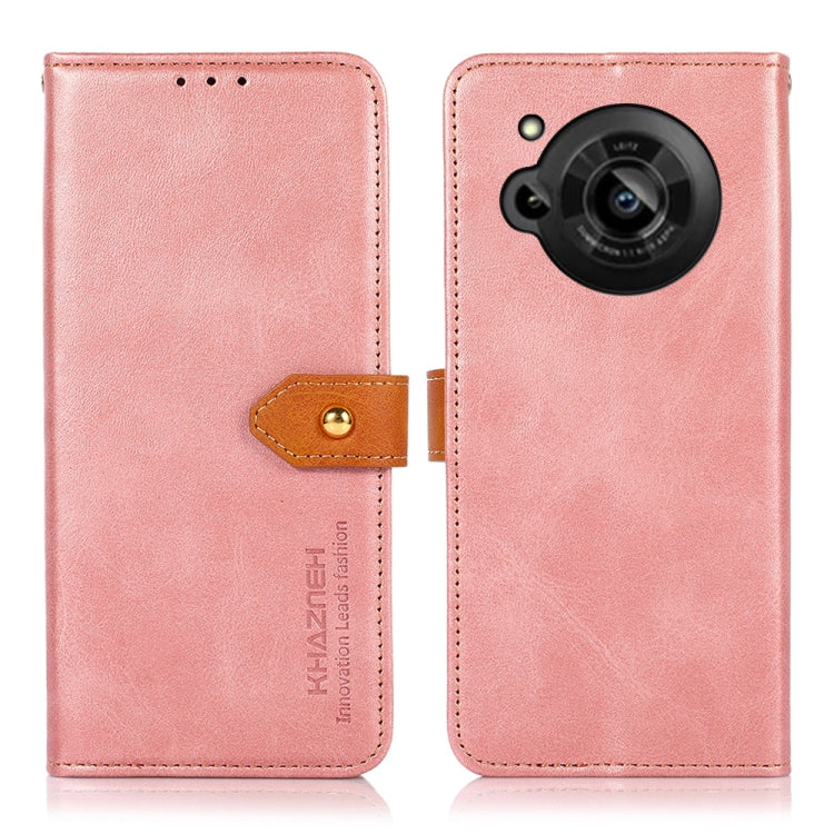 Rose pink flip leather phone case with orange button strap and circular camera cutout