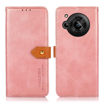 Rose pink flip leather phone case with orange button strap and circular camera cutout