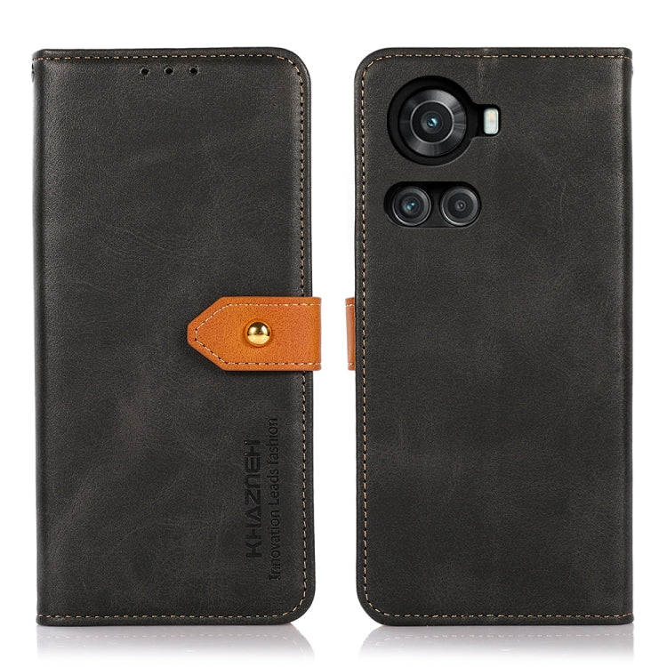 Dual-color cowhide texture flip leather phone case, black with orange strap, camera cutout