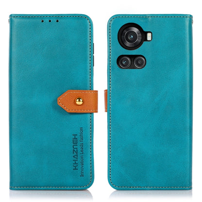 Dual-color cowhide texture flip leather phone case, blue with tan strap, camera cutout