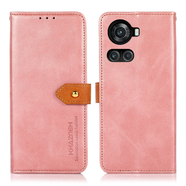 Dual-color cowhide texture flip leather phone case, rose pink with tan strap, camera cutout