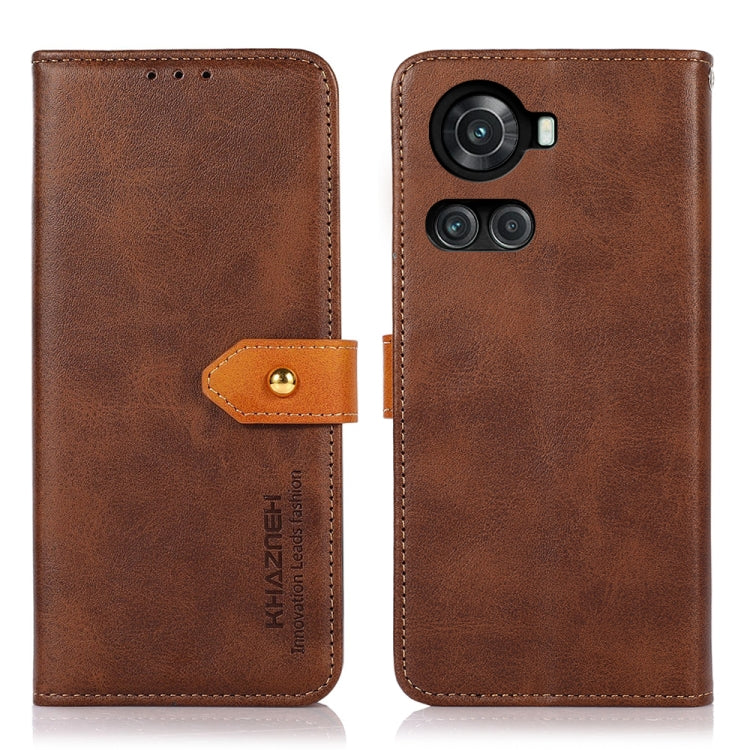 Dual-color cowhide texture flip leather phone case, brown with orange strap, camera cutout