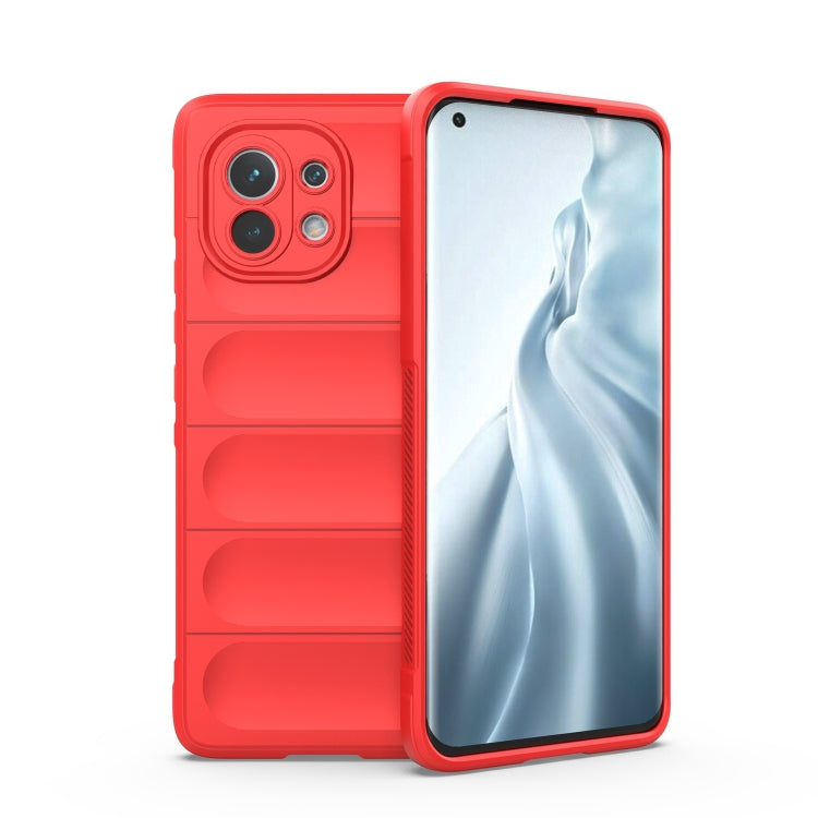Red protective smartphone case with camera cutouts and raised lip