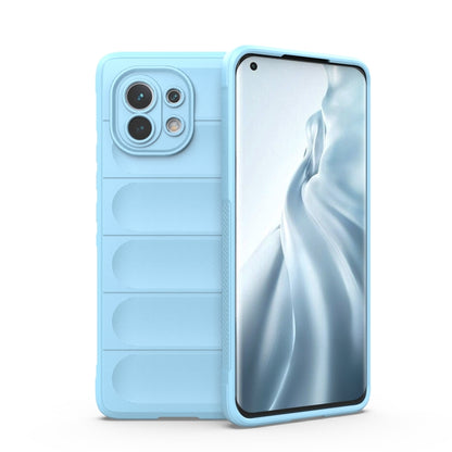 Light blue protective smartphone case with camera cutouts and raised lip