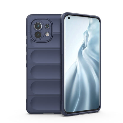 Dark blue protective smartphone case with camera cutouts and raised lip