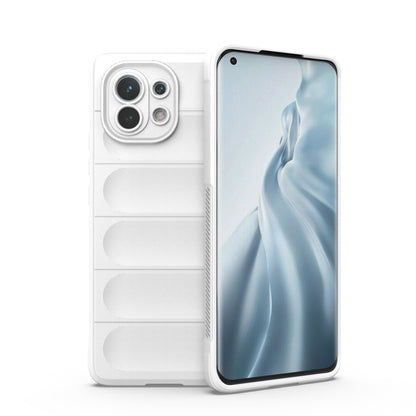White protective smartphone case with camera cutouts and raised lip