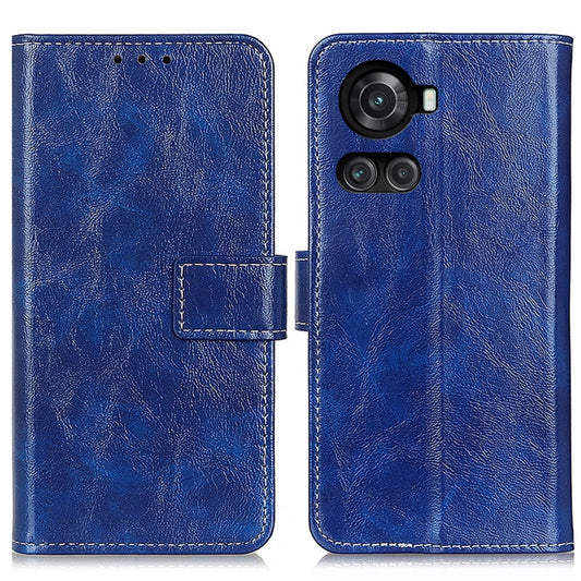 Blue leather flip phone case with card holder and camera cutouts.