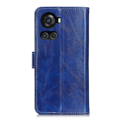 Blue leather phone case with camera openings and textured finish.