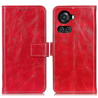 Red leather flip phone case with card slot and camera cutouts.