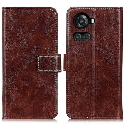 Brown leather flip phone case with card slot and camera cutouts.