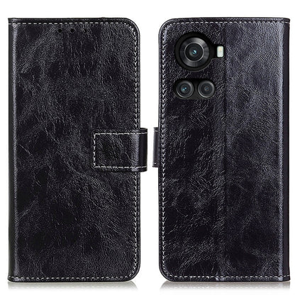 Black leather flip phone case with card slot and camera cutouts.