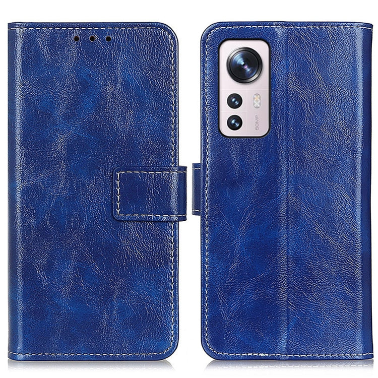 Blue flip leather phone case with magnetic strap and wallet-style card pocket