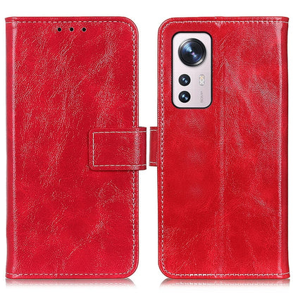 Red flip leather phone case with magnetic strap and wallet-style card pocket