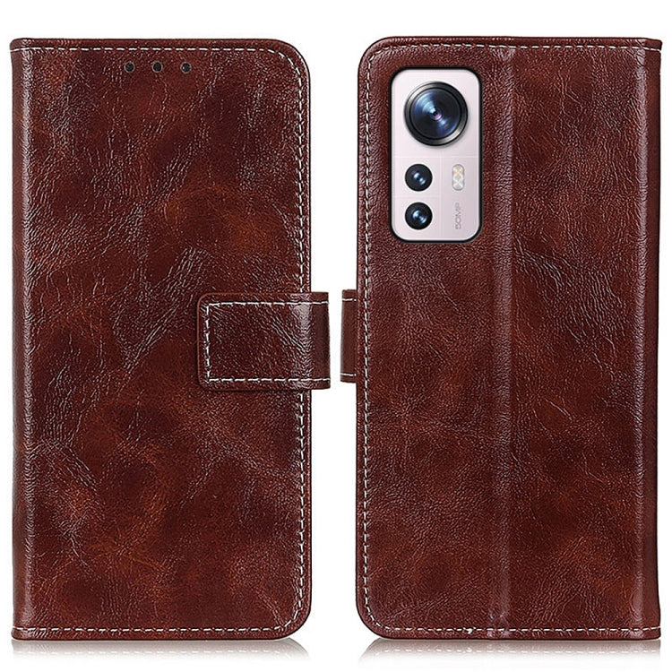 Brown flip leather phone case with magnetic strap and wallet-style card pocket