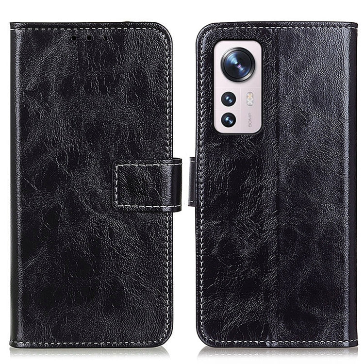Black flip leather phone case with magnetic strap and wallet-style card pocket