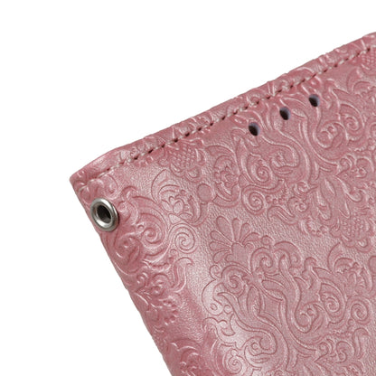 Pink embossed floral flip case with perforation and metal camera ring