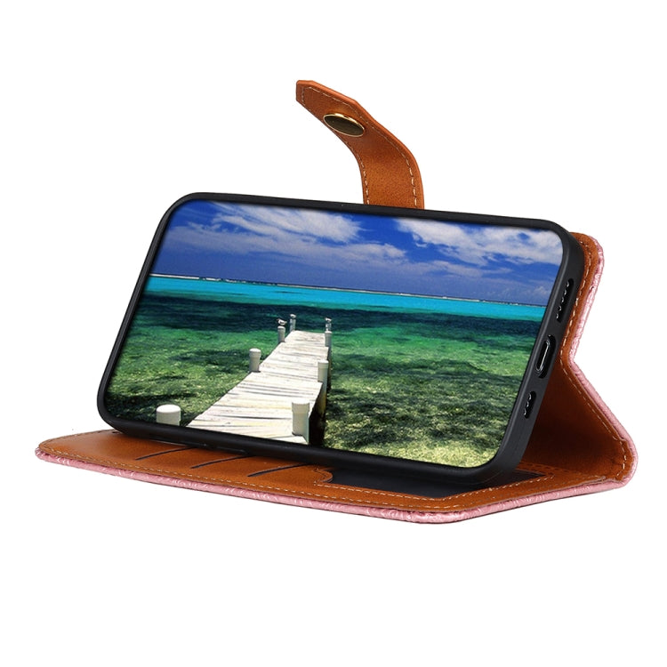Tan leather flip phone case with embossed pattern, holding a phone in stand mode