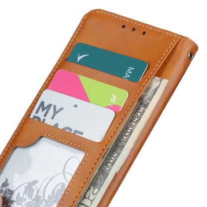 Tan leather flip phone case with card slots and pull-tab clasp
