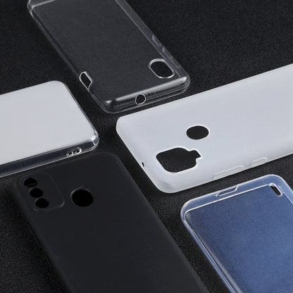 Set of TPU phone cases in black, clear, and white with camera cutouts