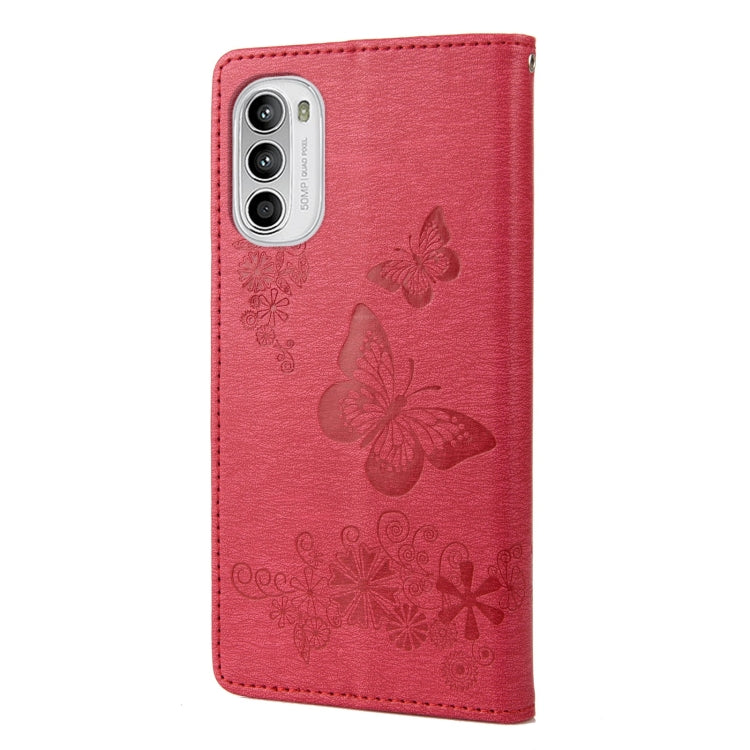 Red leather flip phone case with butterfly emboss and precise camera cutout