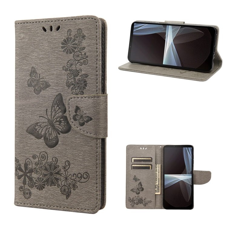 Gray butterfly embossed flip leather phone case with stand and card slot