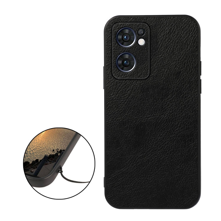 Two-tone PU litchi-texture phone case, black; shows camera cutout and side buttons.