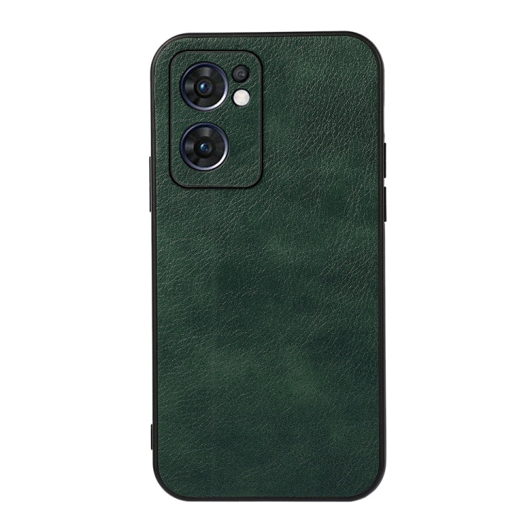 Two-tone PU litchi-texture phone case, green; camera cutout and side access.