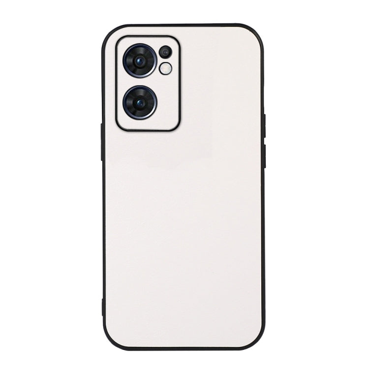 Two-tone PU litchi-texture phone case, white; back camera cutout and ports.