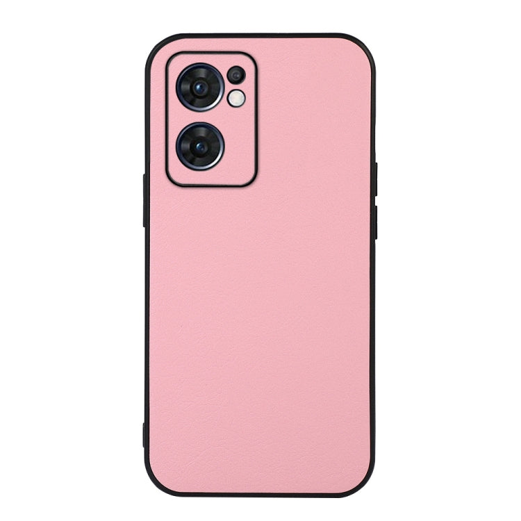 Two-tone litchi-textured PU phone case, pink back with black edges and camera cutouts