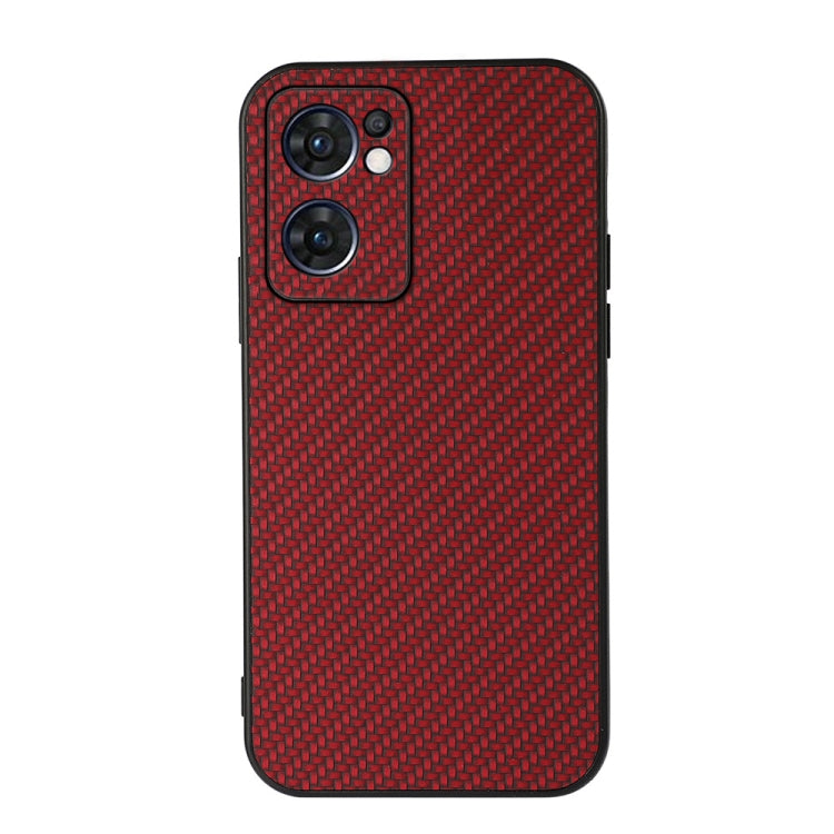 Red carbon fiber texture shockproof phone case with raised triple-lens camera cutout