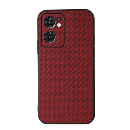 Red carbon fiber texture shockproof phone case with raised triple-lens camera cutout