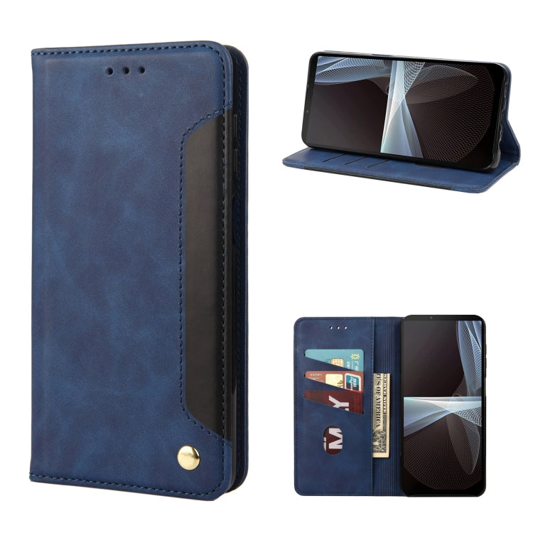 Blue leather phone wallet case with card slots and side kickstand