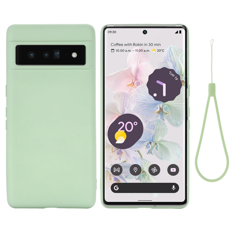 Mint green liquid silicone shockproof phone case with camera cutout and lanyard strap