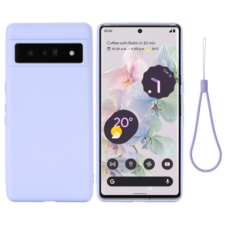 Lilac liquid silicone shockproof phone case with lanyard, shown front and back