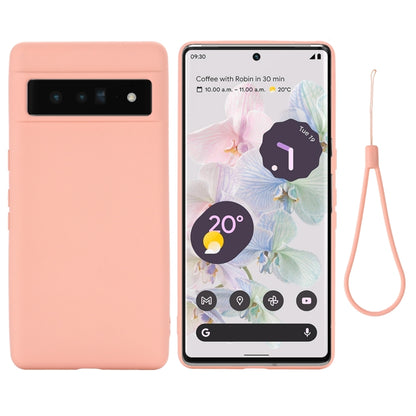 Light pink liquid silicone shockproof phone case with lanyard, shown front and back