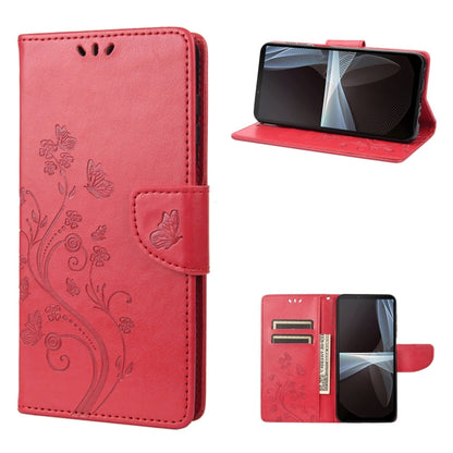 Red embossed butterfly flip leather phone case with card holder and stand