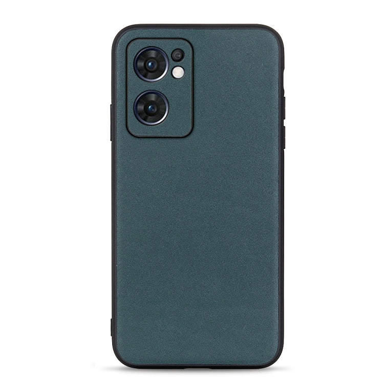 Green textured leather phone case with raised camera cutout and side ports
