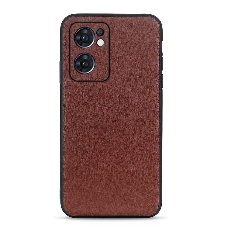 Brown textured lambskin leather phone case with raised camera cutout and side ports