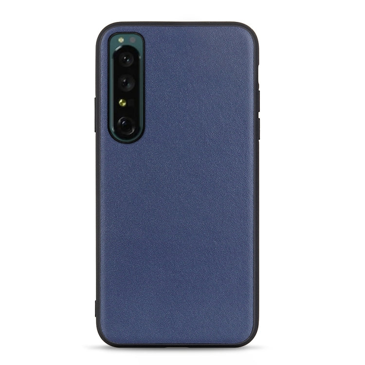 Blue textured leather phone case with vertical camera cutout and side buttons