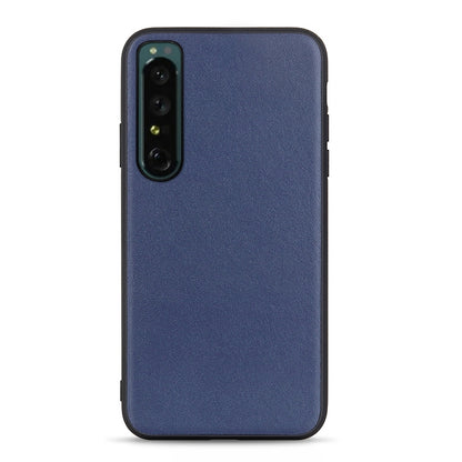 Blue textured leather phone case with vertical camera cutout and side buttons