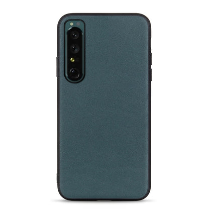 Green textured leather phone case with vertical camera cutout and side buttons