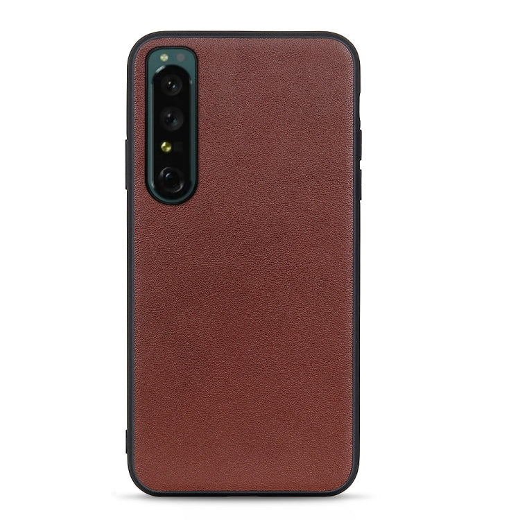 Brown lambskin genuine leather phone case with textured finish, camera cutout