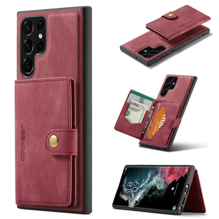 Red magnetic detachable phone case with card slots and flip wallet cover
