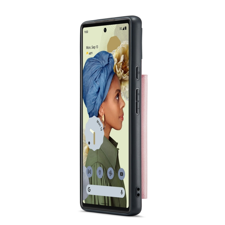 Magnetic detachable phone case on phone, pink leather-style back cover with side cutouts