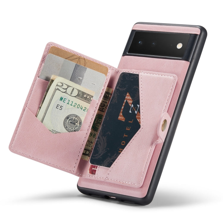 Magnetic detachable phone case, pink leather-style wallet showing card slots and pocket