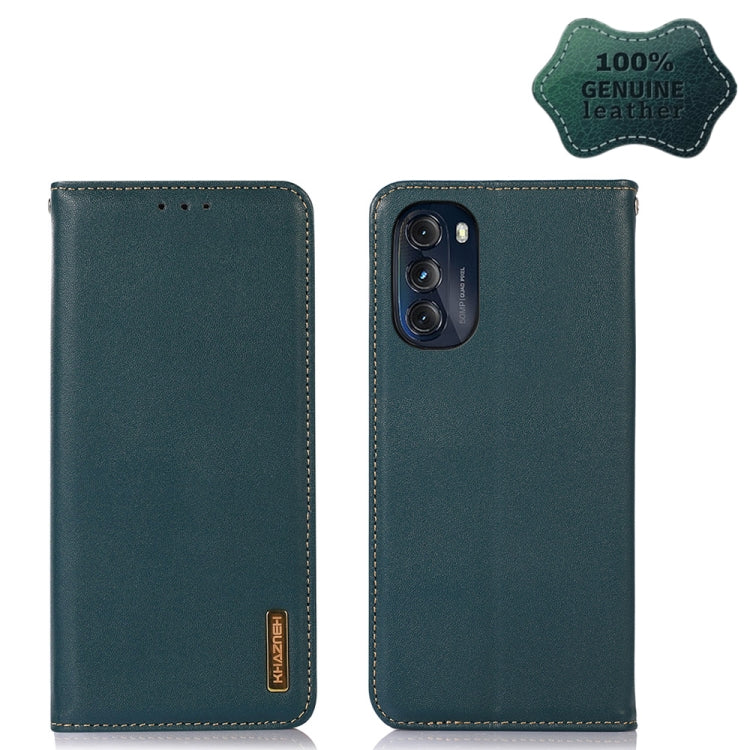 Green leather phone case with vertical design, stitched edges, and logo patch on side