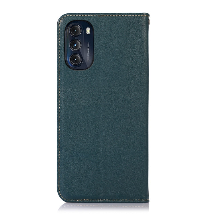 Dark green leather phone case with camera cutout and stitched seam along edges