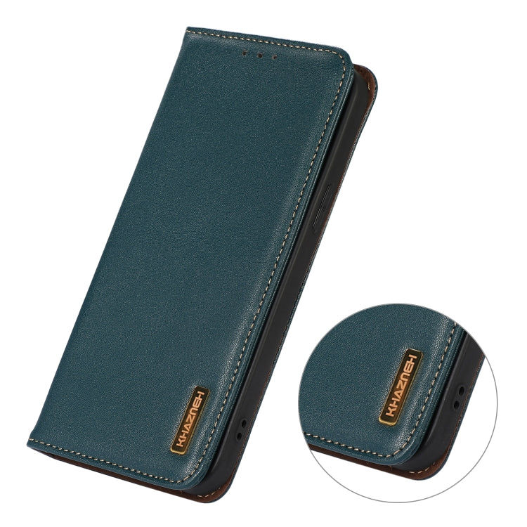 Green leather folio phone case with slim profile and close-up of KHAZNEH logo patch