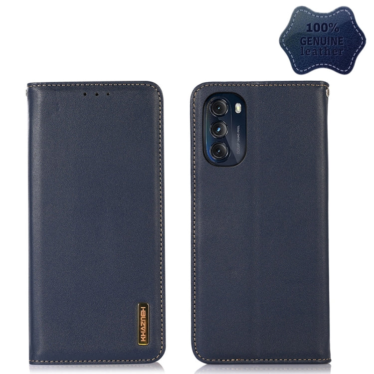 Navy leather phone case with camera cutout, stitched edges, and side logo label
